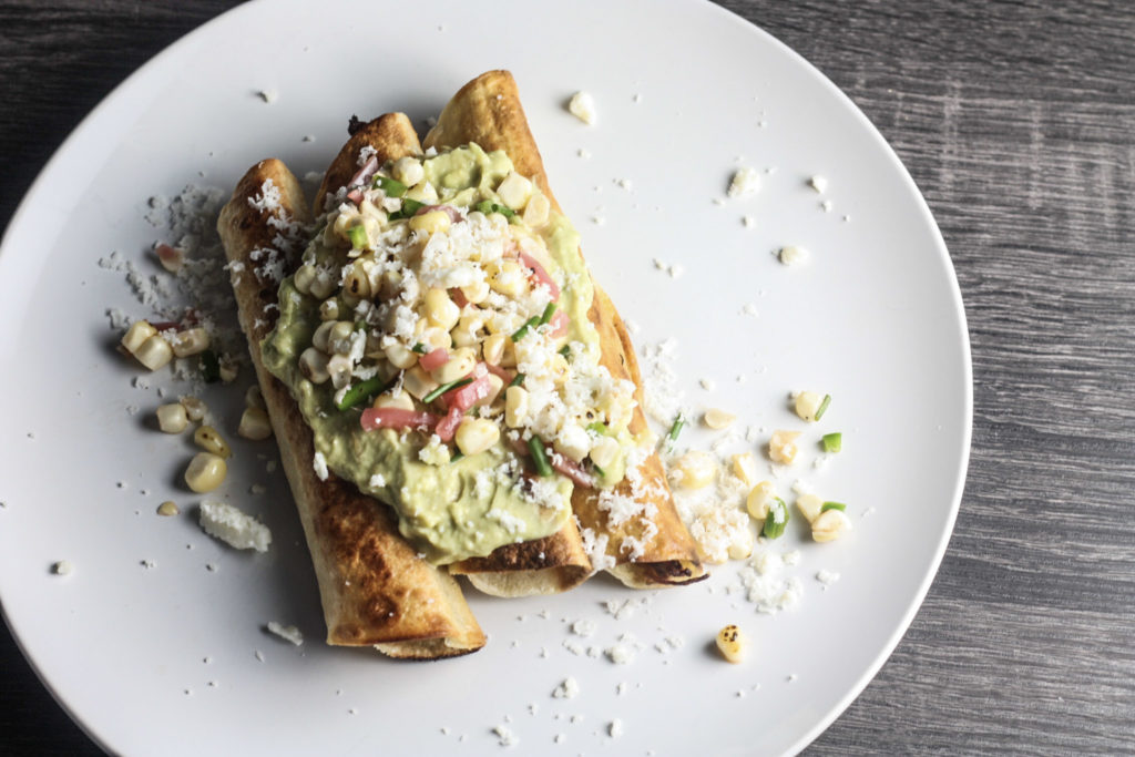 Shredded Beef Taquitos with Grilled Corn Salsa and Creamy Guacamole via Mince Republic