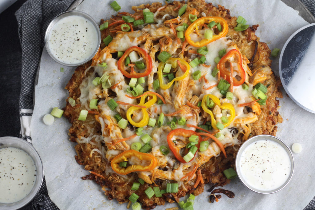Buffalo Chicken Pizza on Pork Rind Crust | Delicious and flavorful low carb keto pizza recipe! Great for game day | #lowcarb #ketogenic | mincerepublic.com