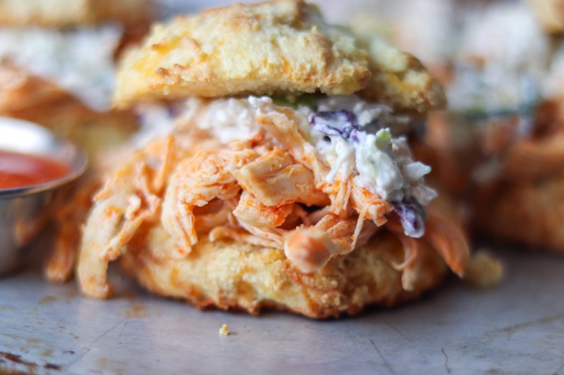 Buffalo Chicken Biscuit Sandwiches with Slaw Recipe | #keto #lowcarb buffalo chicken sandwich recipe | mincerepublic.com