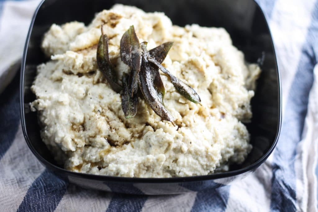 Creamy Cauliflower Mash with Brown Butter an Fried Sage recipe | #lowcarb #thanksgivingsides | mincerepublic.com