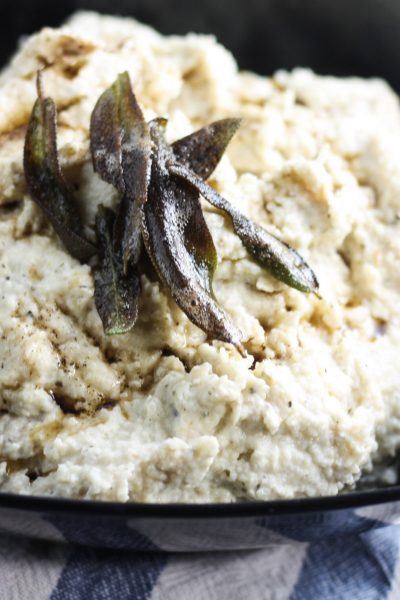 Creamy Cauliflower Mash with Brown Butter an Fried Sage recipe | #lowcarb #thanksgivingsides | mincerepublic.com