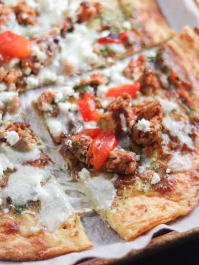 Sausage & Pesto Pizza on Low Carb Pizza Crust Recipe | #lowcarb #keto | mincerepublic.com