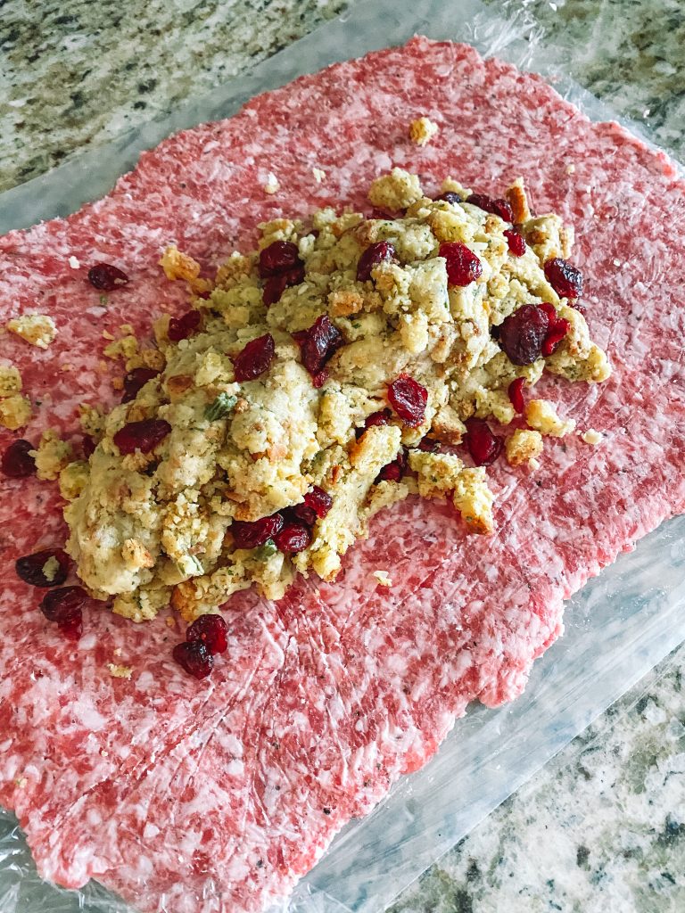 cornbread stuffing and cranberries on sausage